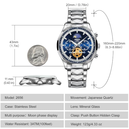 NIBOSI Men's Analog Chronograph Watch, Multifunction Moon Phase - Product Imagery