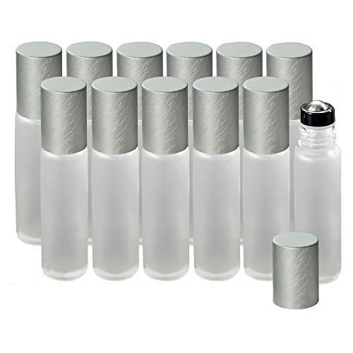 12-Pack Frosted Clear Glass Roller Bottles with Brushed Silver - Product Imagery
