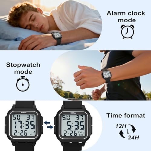Edillas Square Sport Watch Digital for Women's Men's Big Numbers - Product Imagery