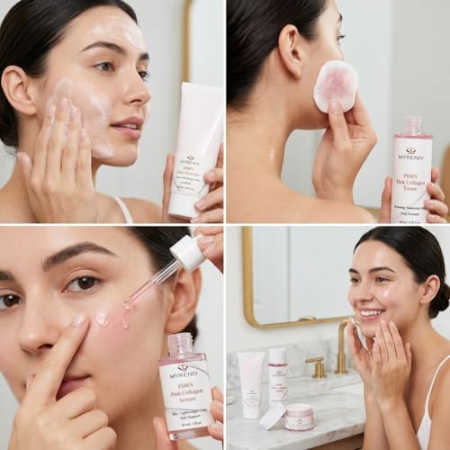PDRN Pink Collagen 4‑Step Skincare Set – Cleanser, Toner, Serum - Product Imagery