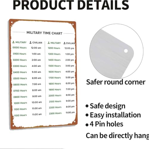8x12 Inch Aluminum Military Time Conversion Chart, Metal Wall - Product Imagery
