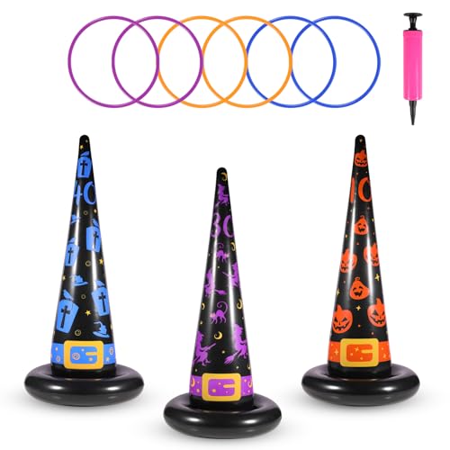 Halloween Ring Toss Game Set, 5Pcs Inflatable Witch Hats with - Product Imagery