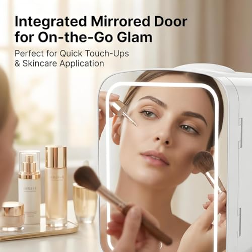 Lispin 4L Mini Skincare Refrigerator with Dimmable LED Mirror, - Product Imagery