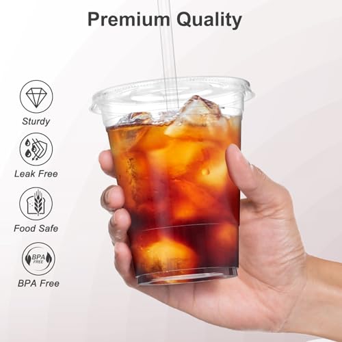 Dealusy 100 Pack - 16 oz Clear Plastic Cups with Lids and Straws - Product Imagery
