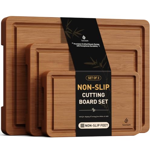 3 Packs Bamboo Cutting Board Set with Non Slip Feet and Over - Product Imagery