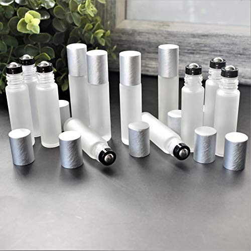 12-Pack Frosted Clear Glass Roller Bottles with Brushed Silver - Product Imagery
