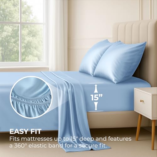Satin Sheets Twin [3-Piece, Baby Blue] Hotel Luxury Silky Bed - Product Imagery