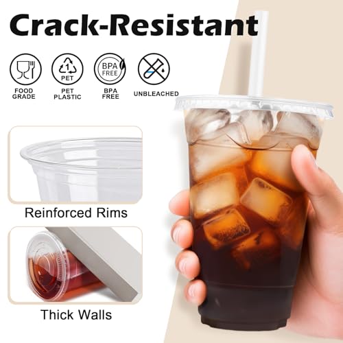 Lamosi 100 Pack 16 oz Clear Plastic Cups with Lids and Straws - Product Imagery