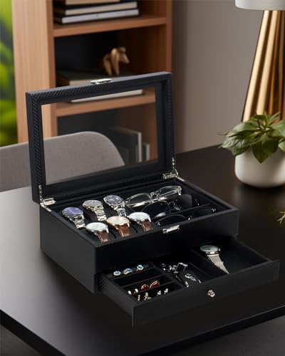 GUKA Watch box, 6 Slot Watch Case, 3 Slot Sunglass Organizer, - Product Imagery