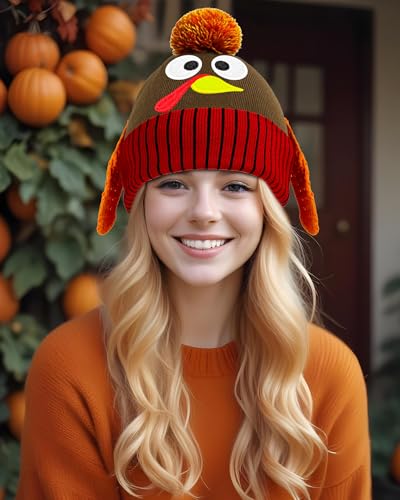 QLINLEAF Thanksgiving Pom Pom Beanie Hats, Turkey Trots Dress Up - Product Imagery