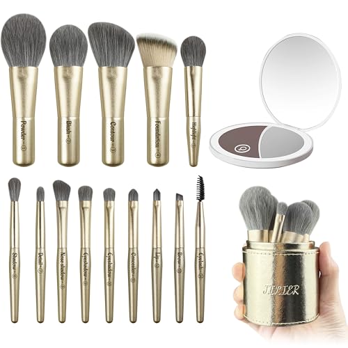 Jilier 14 pcs Mini Makeup Brushes and Pocket Mirror Travel - JILIER Official Imagery - 1