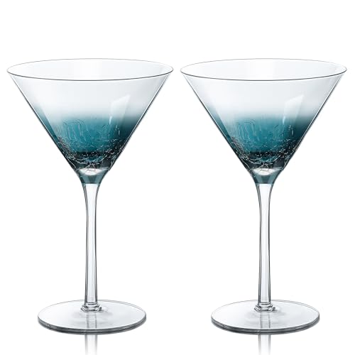 Joeyan Handmade Blue Crackle Martini Glasses,Crystal Cocktail - Product Imagery
