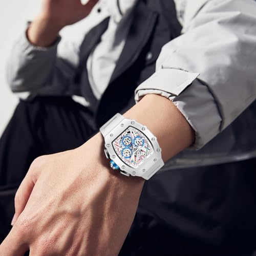 FANMIS Men's Tonneau Skeleton Watch Big Face Chronograph - Product Imagery