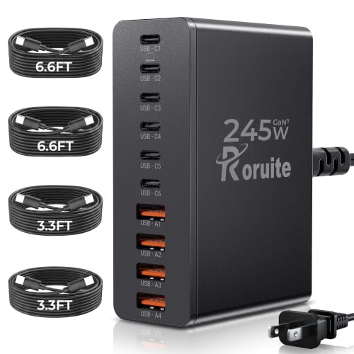Roruite USB C Charging Station 10 Port with 4 Cables,245W GaN - Roruite