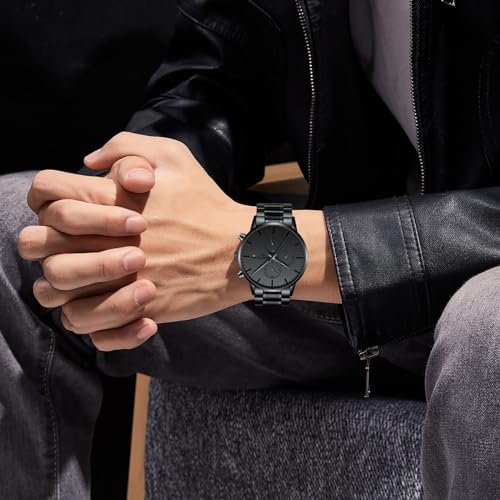 NIBOSI Men's Analog Chronograph Watch, Minimalist Black Dial - Product Imagery