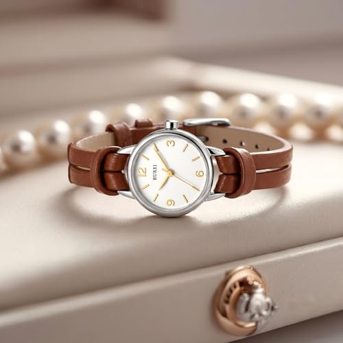 BUREI Women's Brown Leather Strap Watch Small Dial Waterproof - Product Imagery