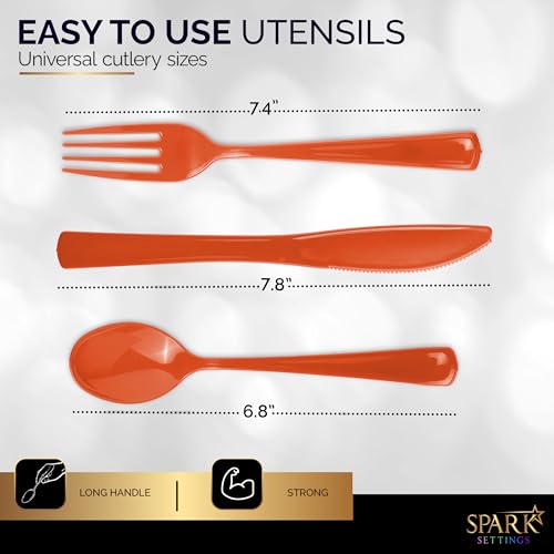 150 Pack Plastic Silverware Heavy Duty, Orange Disposable - Product Imagery