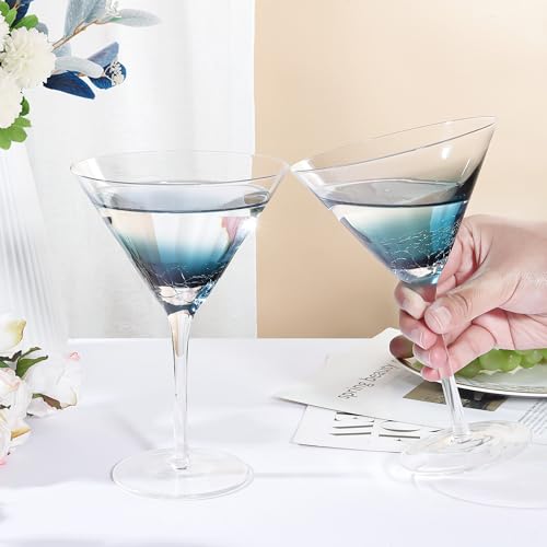 Joeyan Handmade Blue Crackle Martini Glasses,Crystal Cocktail - Product Imagery