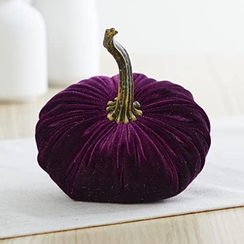 Set of 3 Small Velvet Pumpkins, Halloween indoor decor, purple - Product Imagery