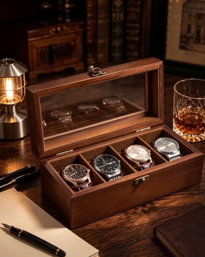 ProCase 4 Slot Wooden Watch Display Case With Glass Lid, - Product Imagery