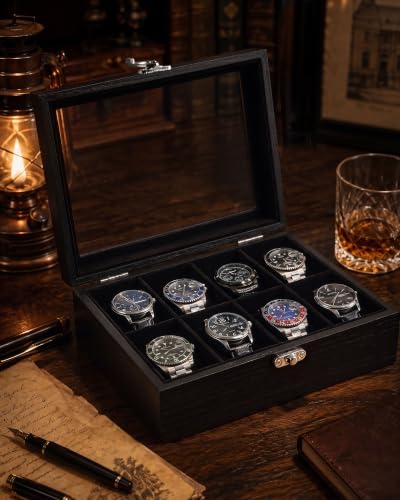 ProCase 8 Slot Wooden Watch Display Case With Glass Lid, - Product Imagery