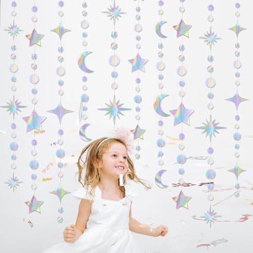 4 Pack Multi Iridescent Party Garland Star&Moon Holographic - Product Imagery