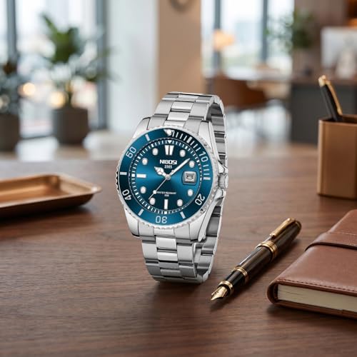 NIBOSI Men's Analog Watch, Gold Silver Stainless Steel Strap, - Product Imagery
