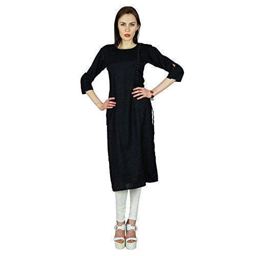 Women Black Rayon Kurta Kurti 3/4 Sleeve Formal Casual Tunic - Product Imagery