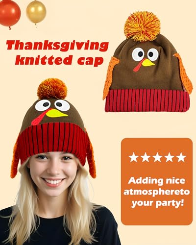 QLINLEAF Thanksgiving Pom Pom Beanie Hats, Turkey Trots Dress Up - Product Imagery