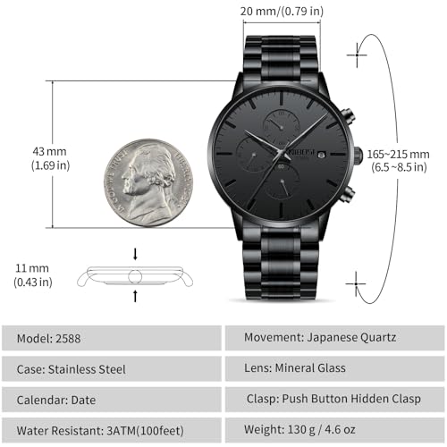 NIBOSI Men's Analog Chronograph Watch, Minimalist Black Dial - Product Imagery