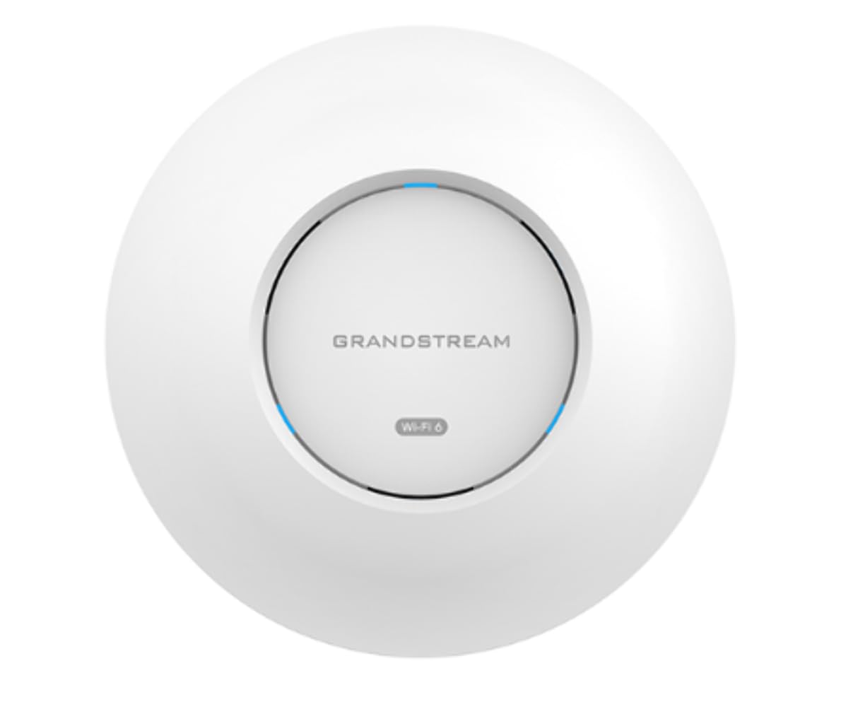 Grandstream GWN7660 AX1770 Wi-Fi 6 access point installed in an office setting, showing its sleek design and connectivity ports