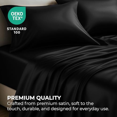Satin Sheets Twin [3-Piece, Black] Hotel Luxury Silky Bed Sheets - Product Imagery