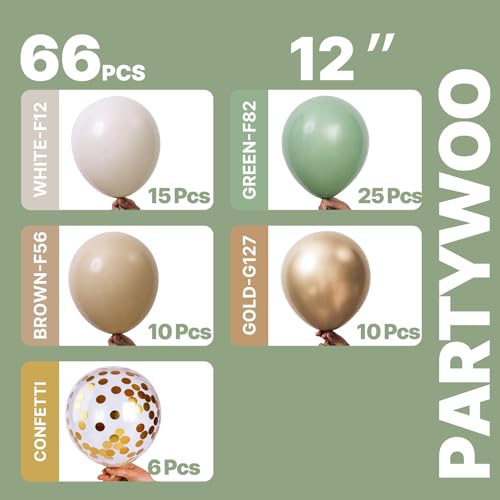 PartyWoo Sage Green Balloons 66pcs 12 Inch Gold White Brown Gold - Product Imagery