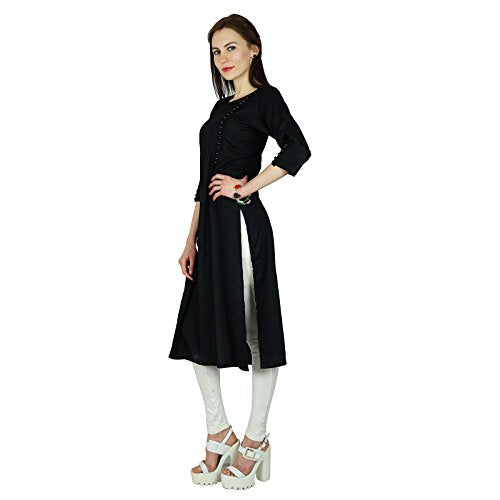 Women Black Rayon Kurta Kurti 3/4 Sleeve Formal Casual Tunic - Product Imagery