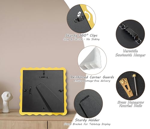4x4 Yellow Picture Frame with Mat for 3x3, Curved Wavy Edge Deco - Product Imagery