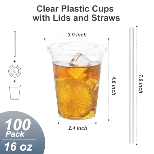 Dealusy 100 Pack - 16 oz Clear Plastic Cups with Lids and Straws - Product Imagery