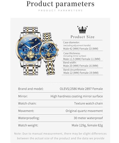 OLEVS Couple Watch His and Her Set Matching Watch Mens Womens - Product Imagery