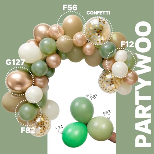 PartyWoo Sage Green Balloons 66pcs 12 Inch Gold White Brown Gold - Product Imagery