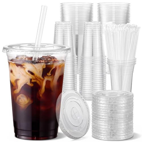 VITEVER [100 Sets - 16oz] Clear Plastic Cups with Lids and - Product Imagery