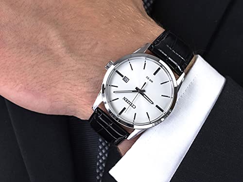 Citizen Quartz Mens Watch, Stainless Steel with Leather Strap, - Product Imagery