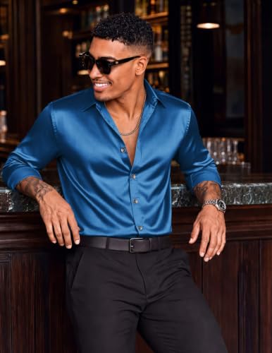 COOFANDY Mens Silk Satin Dress Shirts Long Sleeve Shiny Button - Product Imagery
