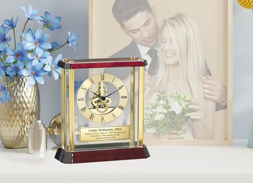 Desk Clock Brass Pillar Gold Engraved Anniversary Retirement - Product Imagery