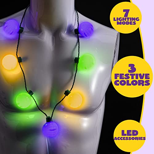 JOYIN 3 PCS Mardi Gras LED Bulb Necklace, Purple, Green, Gold - Product Imagery