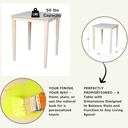 Solid Wood Top Dining Table, 36 Inch High, Unfinished - Product Imagery