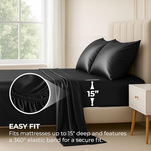 Satin Sheets Twin [3-Piece, Black] Hotel Luxury Silky Bed Sheets - Product Imagery