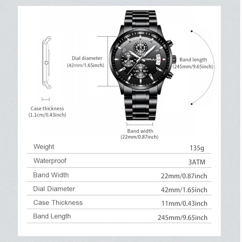 CRRJU Men's Fashion Stainless Steel Black Waterproof Quartz - Product Imagery