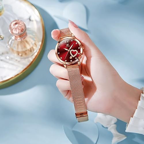 OLEVS Women's Rose Gold Watch, Small Wrist Heart Diamond Mesh - Product Imagery