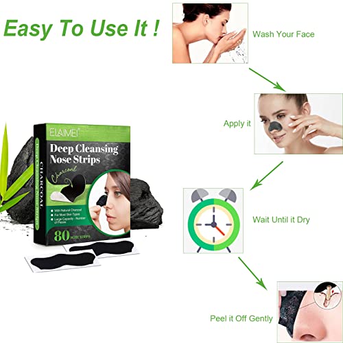 ELAIMEI Pore Strips, 80 Pcs, Natural Charcoal Blackhead Remover - Product Imagery
