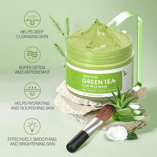 SHVYOG Green Tea Face Mask, Antioxidant Green Tea Clay Mask with - Product Imagery