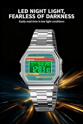 BESTKANG Retro Digital Watch Stainless Steel Band for Men Women - Product Imagery